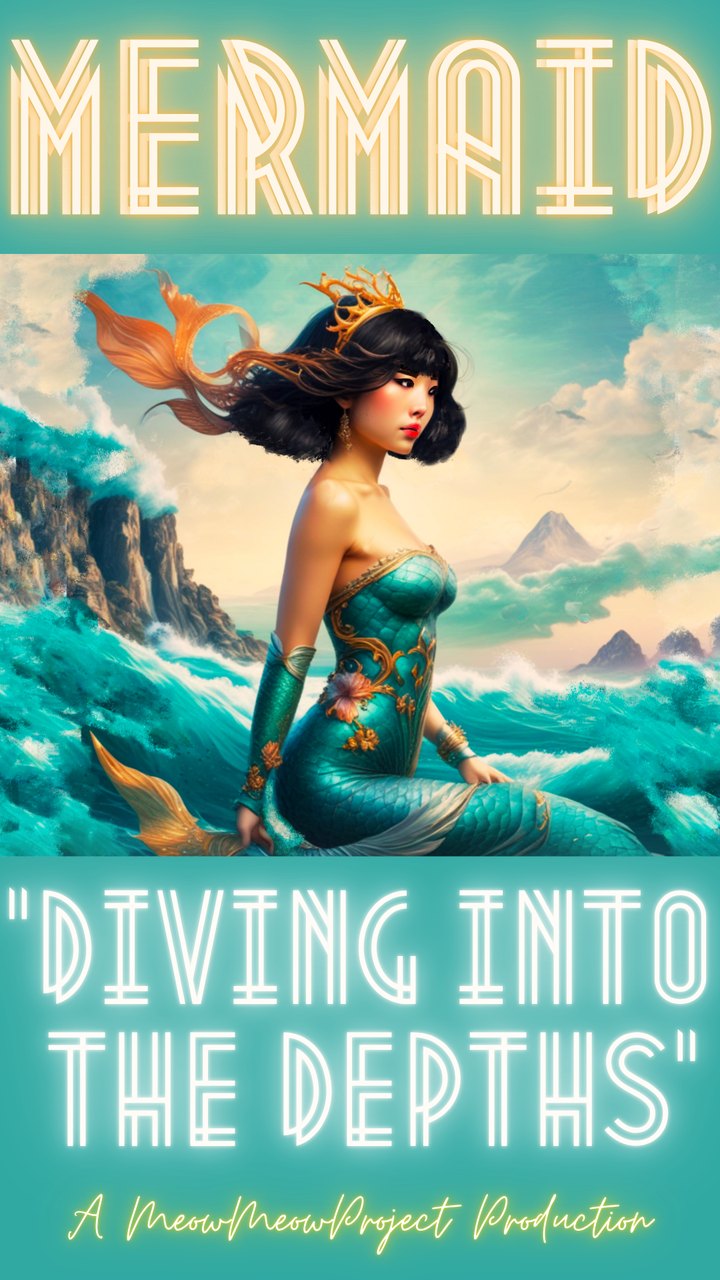 Mermaid poster: a mermaid in turquoise and gold seated in breaking waves.